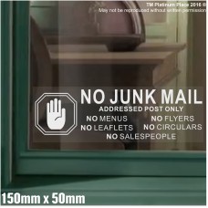 No Junk Mail-HAND DESIGN-WINDOW VERSION-Leaflets,Menus,Flyers,Circulars,Salespeople-Warning House Post-Salesman,Mail,Box-Self Adhesive Vinyl Door Notice Sign